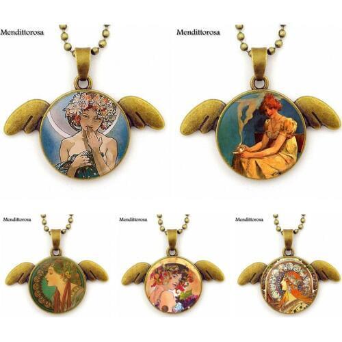 For Her Necklace Mucha Fashion Novelty Glass Necklaces Maxi Bronze Angel Wings Necklace