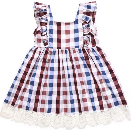 Flofallzique 2020 Baby Girls Dresses Square Collar Lace Hem Small Petals Sleeve Plaid Casual Sweet Kid Clothes