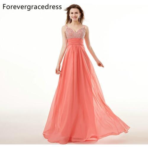 Forevergracedress Real Picture Coral Prom Dress New Design Cheap Beaded Crystals Backless Long Formal Party Gown Plus Size