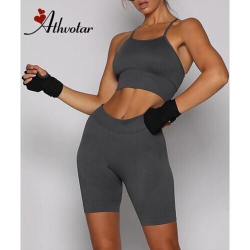 ATHVOTAR Workout Clothes for Women Solid Seamless Push Up Gym Set Shock-Proof Yoga Bra Sports Shorts Set for Fitness