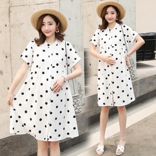 Summer Pregnant Women White Dot Single-breasted Dresses Maternity White Round Neck Dress Pregnancy Dress Loose Fashion Clothes