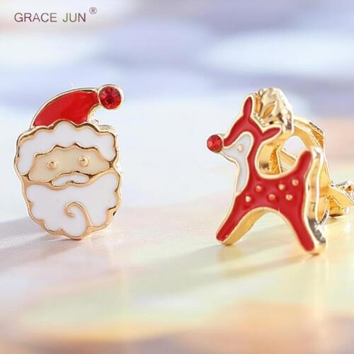 GRACE JUN Hot Sale Luxury Fashion Elk Santa Claus Clip on Earrings Non Pierced for Women Cute Small Ear Cuff Earrings Brincos