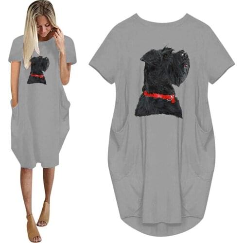 Miniature Black Schnauzer Head Print Women Summer Short Sleeve Dress With Pocket Ladies Fashion O Neck Tops Female T Shirt Dress