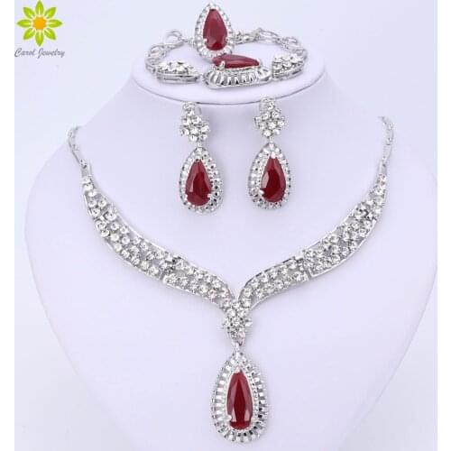 Fashion Crystal Silver Plated Necklace Collar Jewelry Sets For Women Party Accessories African Beads Earrings Bracelet Ring Set