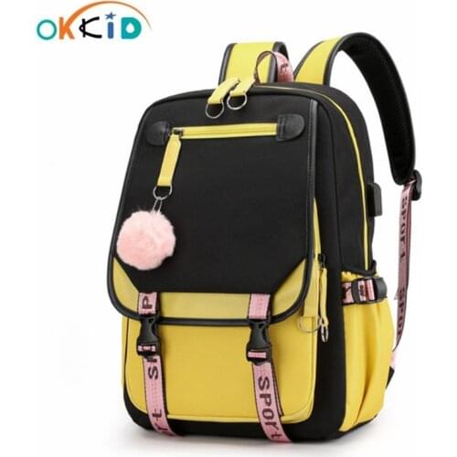 OKKID fashion school backpack for girl yellow book bag student pink black backpack usb port waterproof large capacity Schoolbag