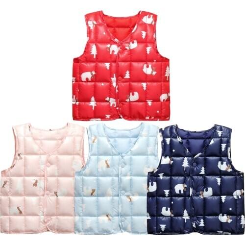 Fashion Toddler Infant Kids Baby Boys Girls Sleeveless Winter Warm Cartoon Printed V-Neck Outdoor Vest Waistcoat Outwear#p4