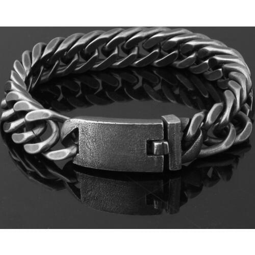 13/15mm 21.5cm Mens Curb Cuban Chain Boys Enamel Smooth Black Matte Gunmetal Tone 316L Stainless Steel Bracelet