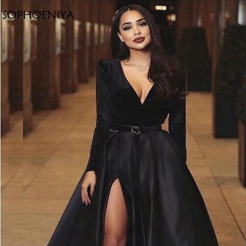 New Arrival V Neck Long sleeve evening dress 2021 Black Velvet Formal dress Sexy abiye long dresses evening vestido de fiesta