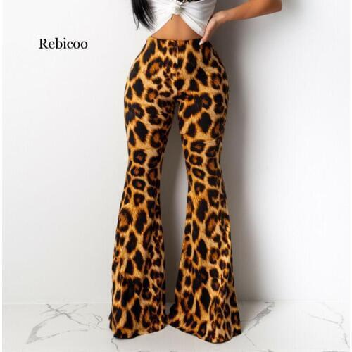NEW Womens Stretchy Bell Bottom Leopard High Waist Wide Leg Flared Basic Pants S-2XL