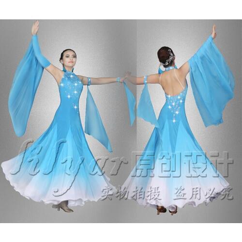 Modern Dance Competition Dress Performance Skirt and Dress Chinese Collar Sky Blue Asymptotic Color