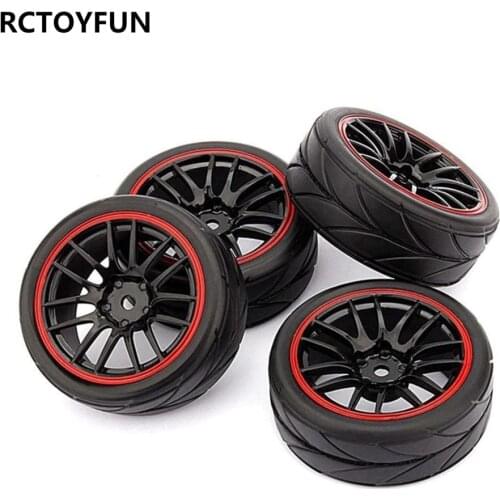 RCTOYFUN 4pcs Plastic Wheel Rims & Soft Rubber Tires Accessories For 1/10 HSP 94123 94122 94102 94103 HPI Tamiya Sakura Kyosho