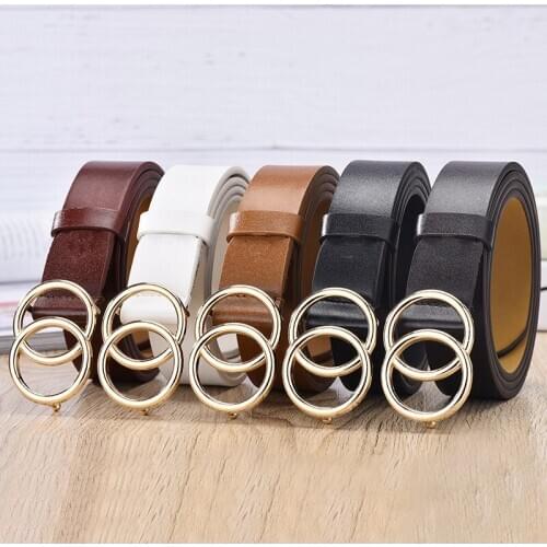 105cm Womens Double Round Gold Metal Buckle Belts 2020 Fashion PU Leather Adjustable Waist Belts Jeans Dress Casual Waistbands