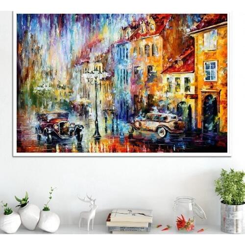 Vintage Home Decoration100% Handpainted Oil Knife Canvas Painting Retro Car in the Rainy Day Landscape Poster Wall Art Gift