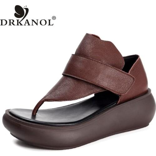 DRKANOL Retro Wedge Heel Sandals Women Summer Flip Flops 100% Genuine Cow Leather Roman Casual Platform Sandals Sandalias Mujer
