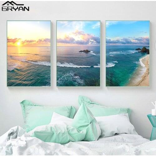Scandinavian Sunrise Coastline Canvas Wall Art Print Painting Ocean Sea Beach Landscape Poster Aerial Photography Picture Decor