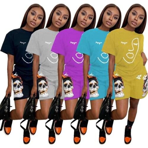 Tracksuits Women Aesthetic Print 2 Piece Set Summer Short Sleeve T Shirt Crop Top Sexy Biker Short Pant Lounge Wear Matching Set