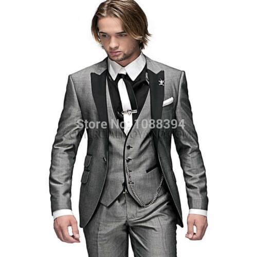 Custom Made Slim Fit One Button Grey Groom Tuxedos Peak Lapel Best Man Suit Groomsmen Mens Wedding Suits (Jacket+Pants+Vest+Tie