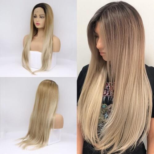 Sylvia Synthetic Lace Front Wig Blonde Silky Straight Hair Women Daily Wig Dark Root Ombre Brown Wig Wedding Long Heat Resistant