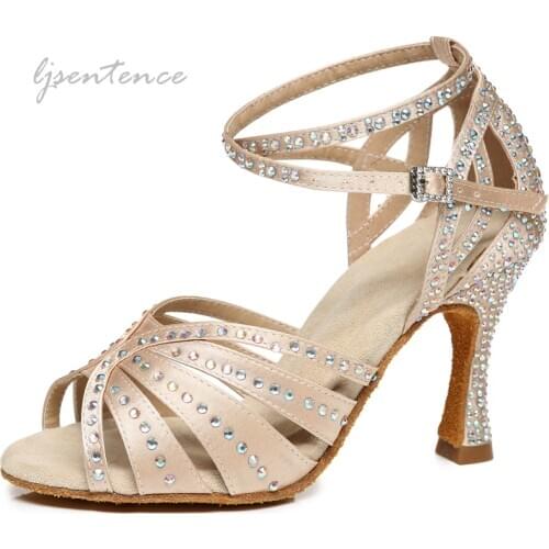 Women Party Dance Shoes Satin Shining rhinestones Soft Bottom Latin Dancing Heels Salsa Bachata Cuban Sandal 5CM-10CM Black Skin