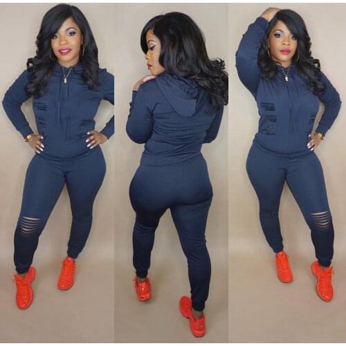 Ueteey New Two-piece Casual Solid Hole Design Hooded Women Pant Set