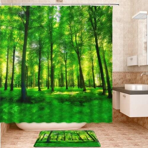 Green Forest Landscape Shower Curtains Set Bath Mats Rugs Carpet Entrance Door Mat Scenery Bathroom Curtain Bathroom Products