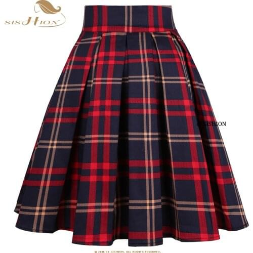 SISHION 2021 Blue Red Checked Autumn Plaid Skirt SS0012 High Waist Pleated Women Cotton 50s 60s Vintage Skirts