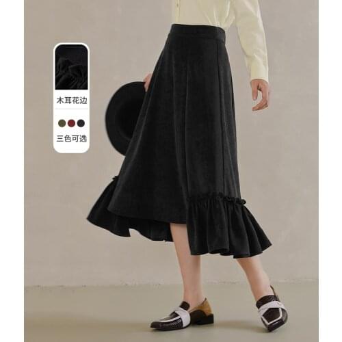 INMAN Autumn Winter Womens Skirt Elegant Lady Style Ruffle Stitching Design A-Line Retro Literary Pure Color Bottoms