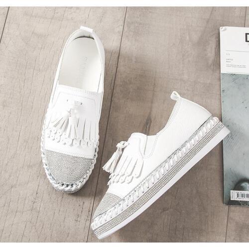 2019 Famous Brand European Patchwork Espadrilles Shoes Woman Genuine Leather Creepers Flats Ladies Loafers White Leather Loafers