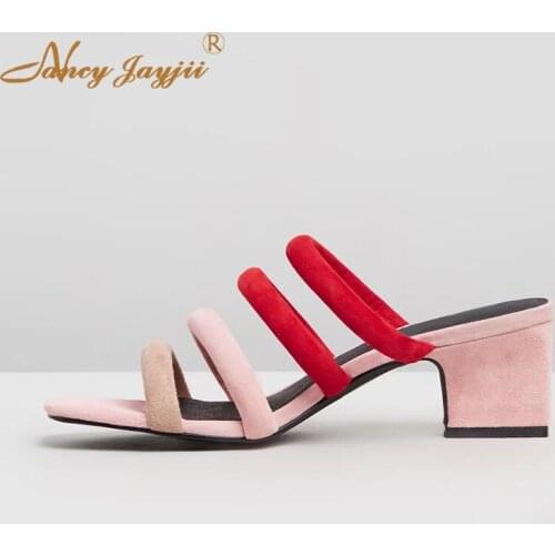 Women Slippers Female Adult Ladies Shoes Flock Mixed Colors High Square heels Outside Novelty Fashion Mature Slides Elegant