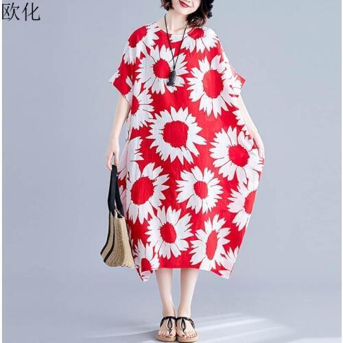 Plus Size Dresses For Women 4XL 5XL 6XL Vintage Art Sun Flower Long Dress Loose Casual Batwing Cotton Linen Summer Sundress 2019