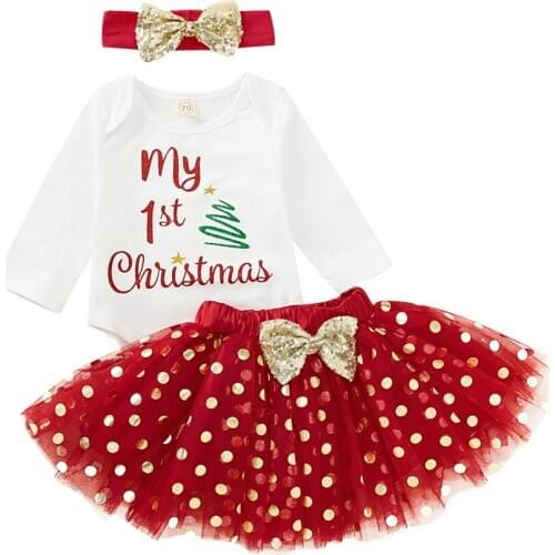 2020 Baby Spring Autumn Clothing Newborn Baby Girl Christmas Long Sleeve Bodysuit Dots Tutu Skirts Outfit Xmas 3Pcs Clothes Set