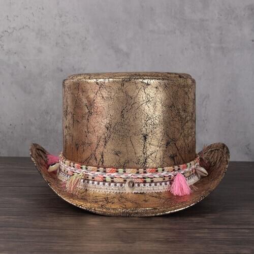 2021 Leather Top Hat for Women Shower Lday Fedora Hat Magic Flat Steampunk Cosplay Pork Pie Party Caps Dropshiping 13cm