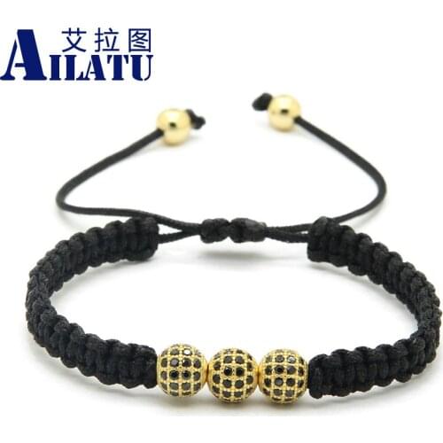 Ailatu 10pcs/lot Mens Jewelry 3 pieces High Quality 8mm Black CZ Ball Beads Braiding Bracelet