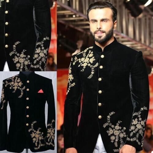 Velvet Groom Wedding Suits Groom Slim Fit Gold Appliques Formal Work Prom Office Blazer Jacket Only One Piece