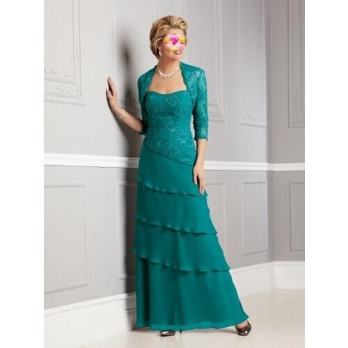 Turquoise Mother of Bride Dresses Lace Jacket Evening Dresses For Weddings vestido de festa para mae da noiva Chiffon Layers