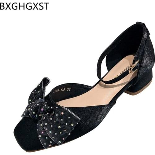 Black Sandals Women Summer Block Heels Leather Sandals Woman Butterfly-knot Low Heel Sandals Women Square Toe Heel Pumps Shoes