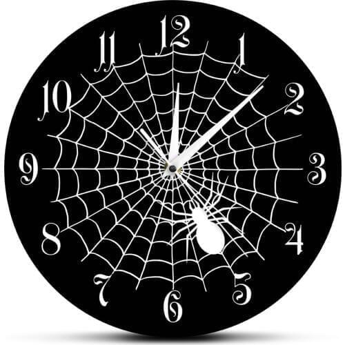 Spider Web Black Quartz Wall Clock Halloween Party Signs Horror Spider Web Cobweb Wall Decor Modern Wall Watch Silent Movement