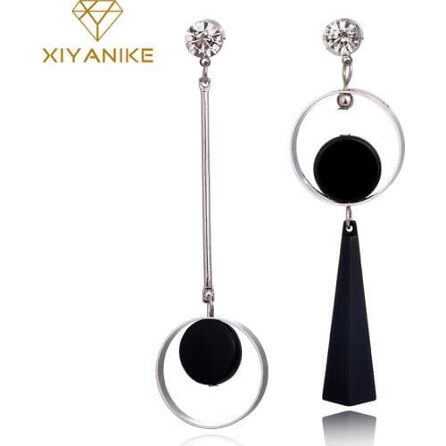 XIYANIKE Korean Fashion Geometric Long Asymmetry Earring Rhinestone Circle Ear Stud New Acrylic Big Earrings Bijoux Brincos E203