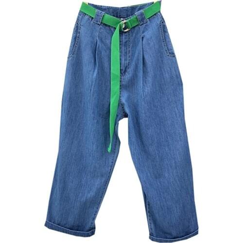 Trendy High Waist Women Loose Retro Ankle Length Denim Pants Streetwear Female Wide Leg Jeans with Belt Ladies Blue Trousers
