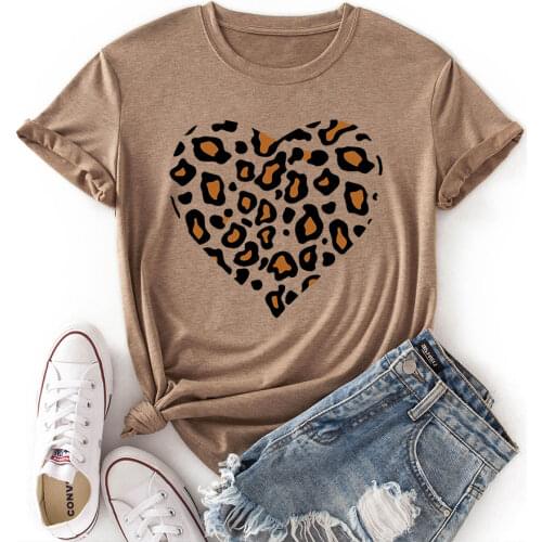 Woman Short Sleeve Colored Graphic Tees Summer T-Shirt Female Tops Shirts for Women Leopard Dot Printed Heart Shape Top