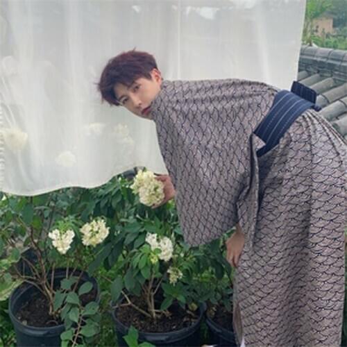 Japanese Traditional Style Kimono for Man Casual Printing Yukata Haori Ingot Pattern Long Sleepwear Cardigan Samurai Bathrobe