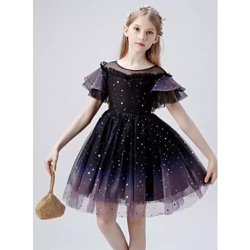 Flower Girl Dresses Illusion O-Neck Short Sequined Princess Knee-Length Tulle Lace Luxury Purple Elegant Kids Party Gown H487