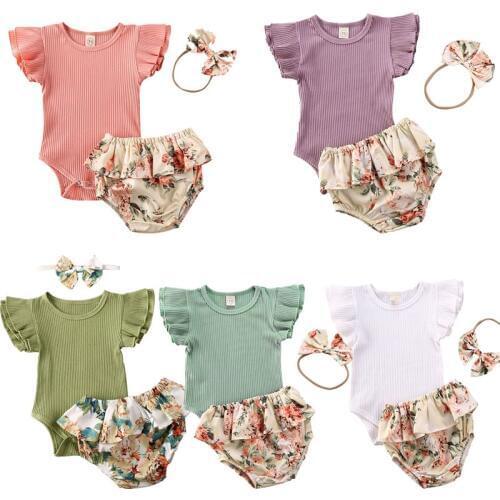 Toddler Baby Girl Summer Clothes Ruffles Sleeve O-neck Bodysuits Tops+Floral Shorts Pants+Headband Baby Knitted Clothing Outfits