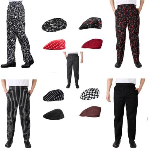 Fashion Elastic Waistband Chef Uniform Pants Hats Men Costume Work Wear Cook Kitchen Striped Trousers Breathable Fancy Costume