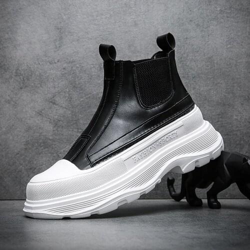 Luxury Brand Leather Boots Men Thick Bottom Platform Shoes 2021 Autumn Fashion Slip on Loafers Man Casual High Top Male Shoes