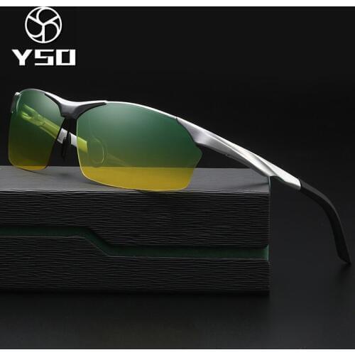 YSO Sunglasses Men Polarized UV400 Aluminium Magnesium Frame HD Night Vision Driving Glasses Semi Rimless Accessory For Men 8513