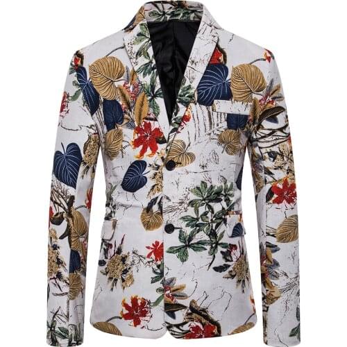 2019 New Fashion Men Trendy Korean Style Turn-down Collar Long Sleeve Floral Printed Slim Fit Casual One Button Suit Blazer Coat