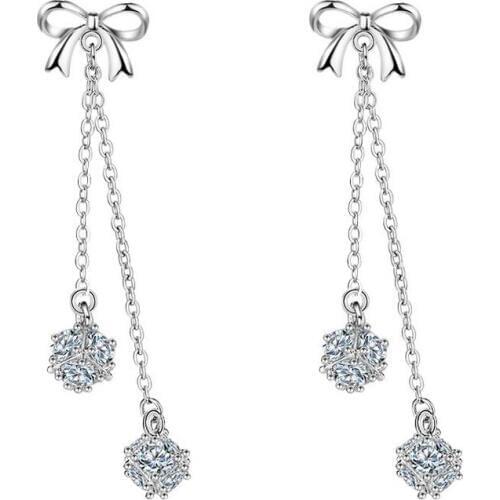 New Fashion Bowknot Shiny CZ Zircon Female 925 Sterling Silver Ladies`long Stud Earrings For Women Jewelry Gift Wholesale