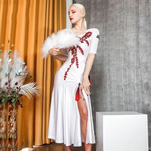 New Modern Ballroom Dance Dress Chinese Style White Long Dress Stage Singer Prom Walz Tango Performance Flamengo Costume VDB2794