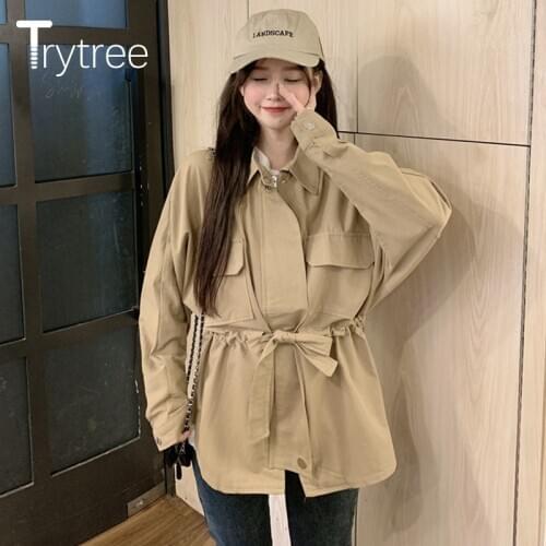 Trytree 2020 Autumn Womens Trench Coat Solid Khaki Turn-down Collar Zipper Pockets Belt Casual Loose Womens Windbreaker